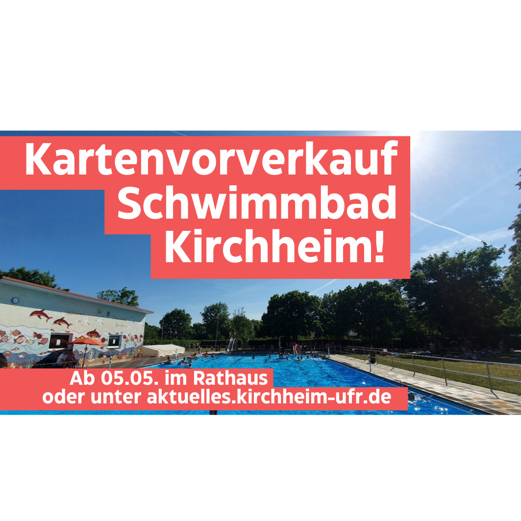 Ein Bild des Schwimmbades mit Text der sagt, dass der Kartenvorverkauf am 05.05. startet