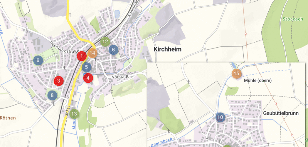 Eine Karte von Kirchheim und Gaubüttelbrunn mit den Standorten aus dem Text. Die Adressen sind barrierefrei im Dorfkalender eingetragen.